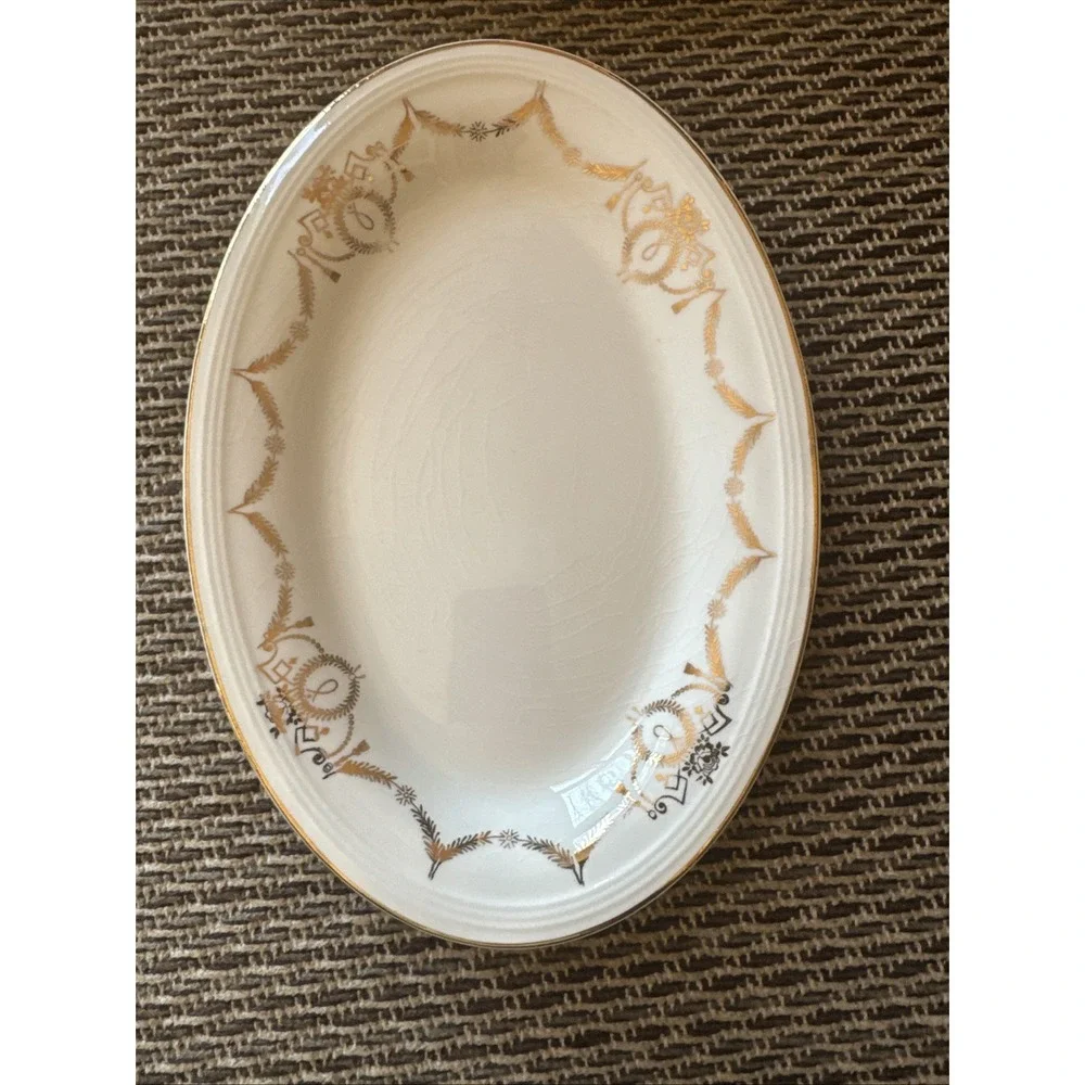 Edwin Knowles Gravy Boat & Plate Adams‎ Gold Swag Design Vintage 1940s